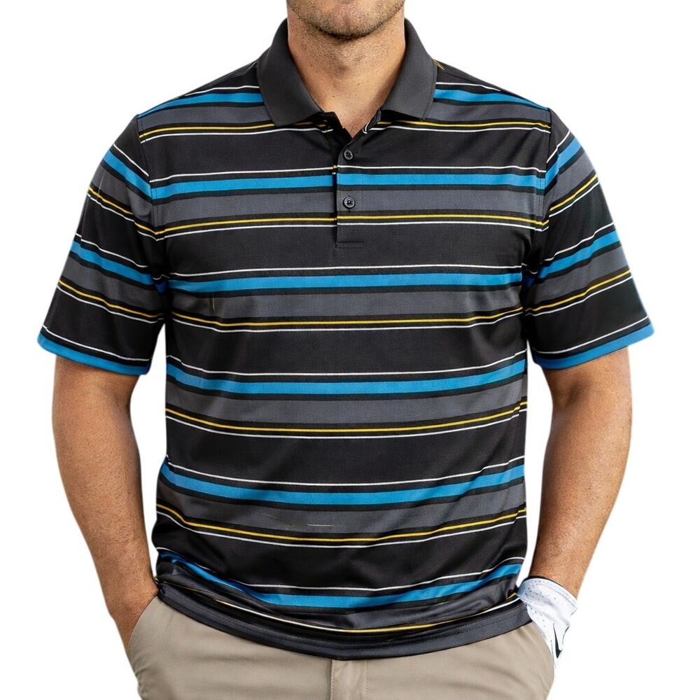 Nike Dri-Fit Golf Polo Men’s Large Black Blue Yellow Striped Short Sleeve